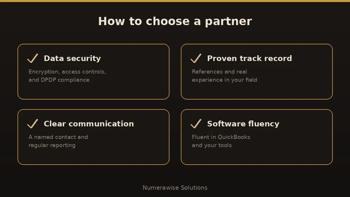 How to choose an accounting outsourcing partner: data security, a proven track record, clear communication, and software fluency.