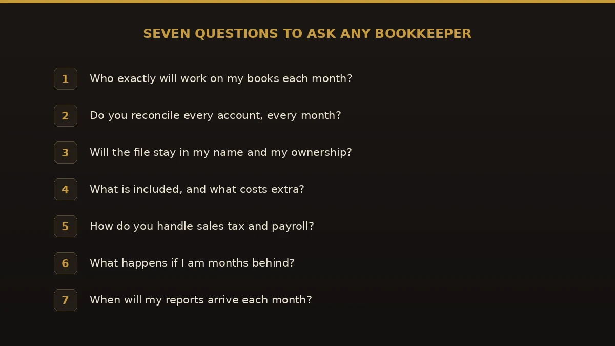 Seven questions to ask any bookkeeper before hiring, covering ownership, reconciliation, scope, and reporting.