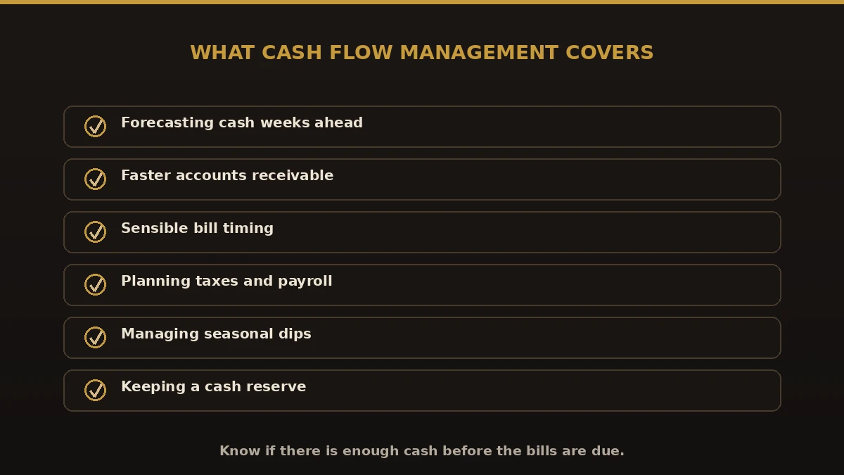 What cash flow management covers: forecasting, faster receivables, bill timing, tax and payroll planning, seasonal dips, cash reserve