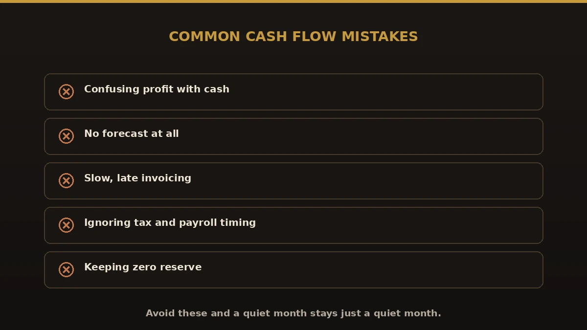 Common cash flow mistakes to avoid: confusing profit with cash, no forecast, slow invoicing, ignoring tax timing, zero reserve