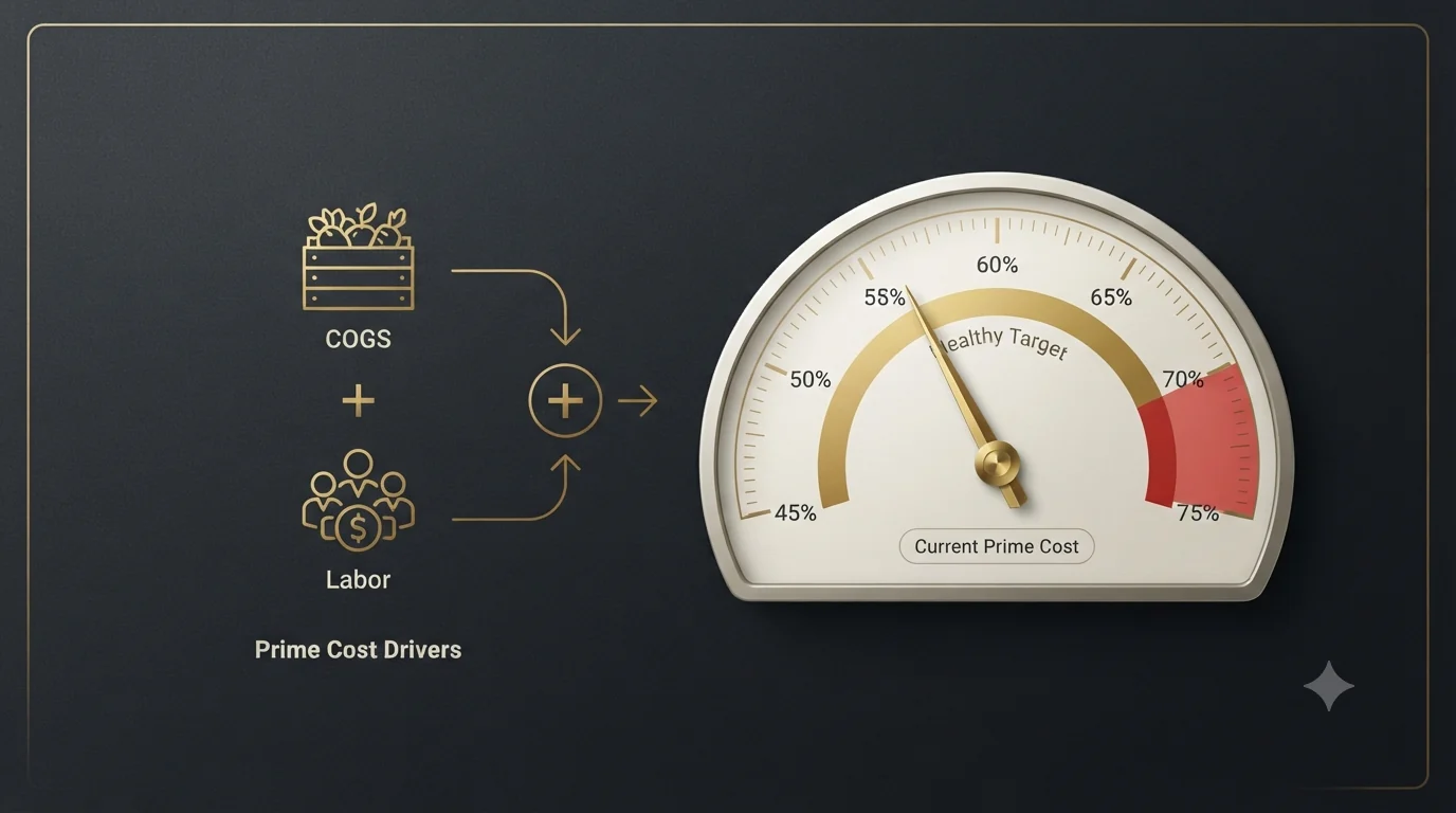A gold gauge with the needle in a healthy 55 to 62 percent target zone and a red danger band past 65 percent, fed by a COGS food-crate icon plus a labor icon - showing prime cost equals cost of goods sold plus total labor.