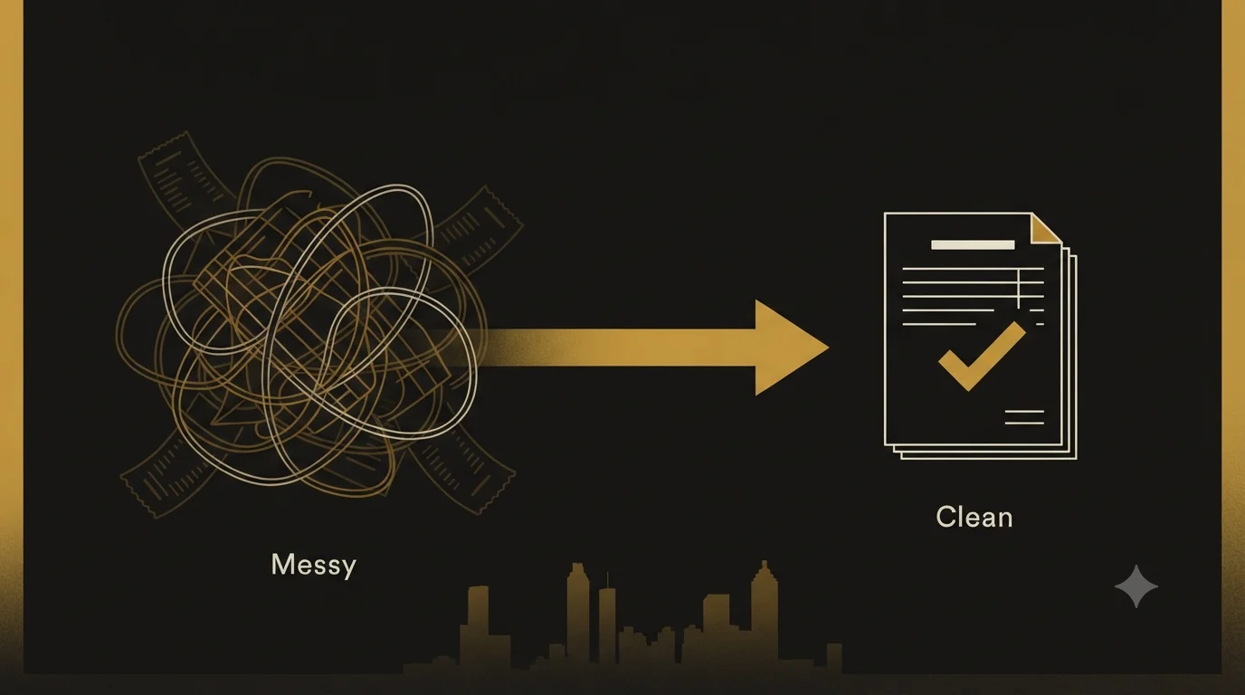A tangled knot of ledger lines and scattered receipts labeled Messy on the left, a gold arrow, and a clean reconciled report with a gold checkmark labeled Clean on the right, over an Atlanta skyline.
