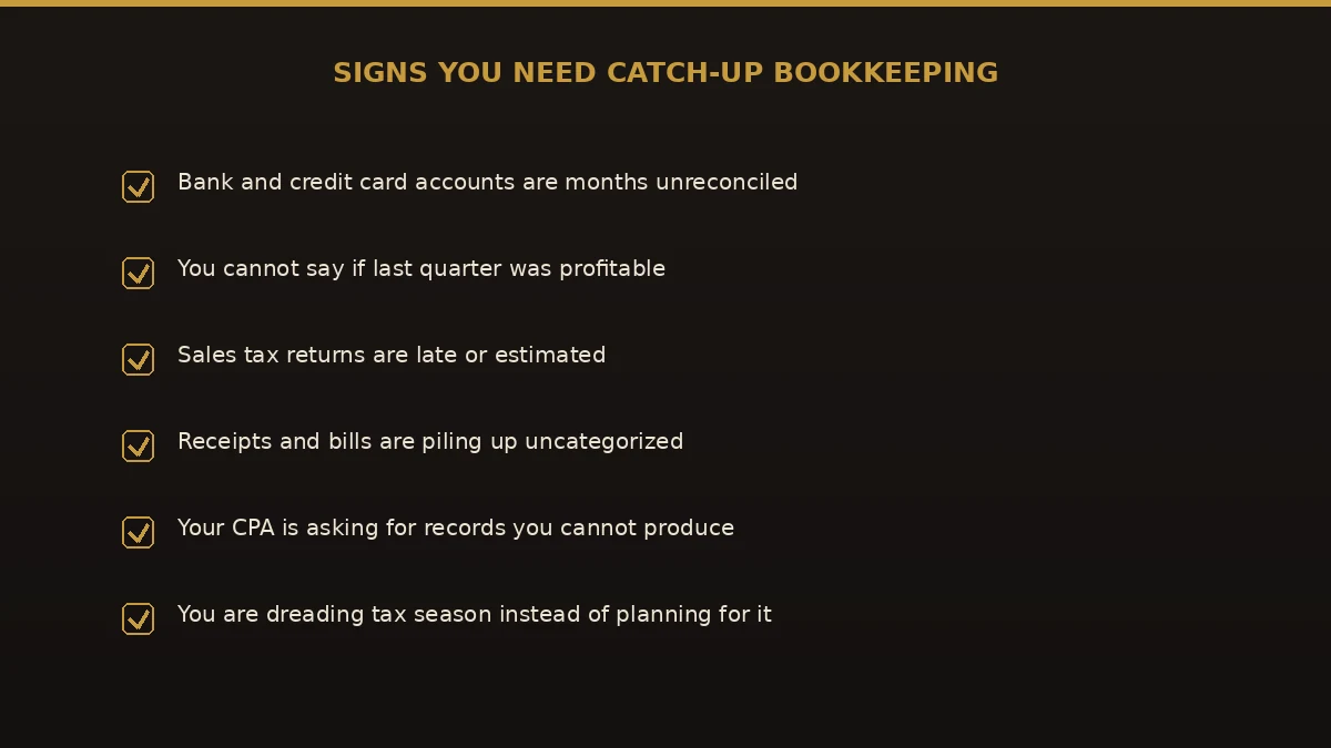 Signs you need catch-up bookkeeping: unreconciled accounts, unknown profit, late sales tax, and a pile of uncategorized receipts.