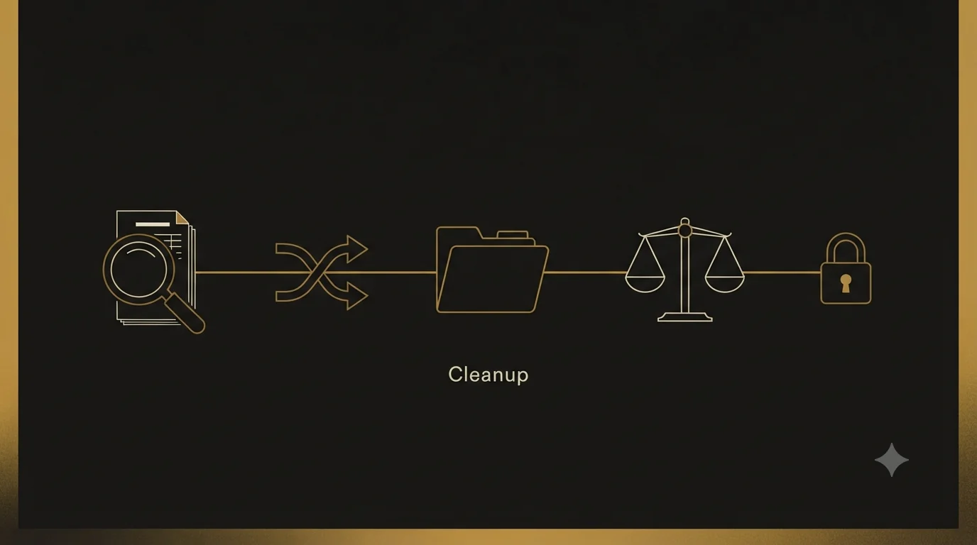 A cleanup sequence: diagnose with a magnifying glass, reconcile with crossing arrows, categorize with a folder, clean the balance sheet with a scale, then close the books with a padlock.