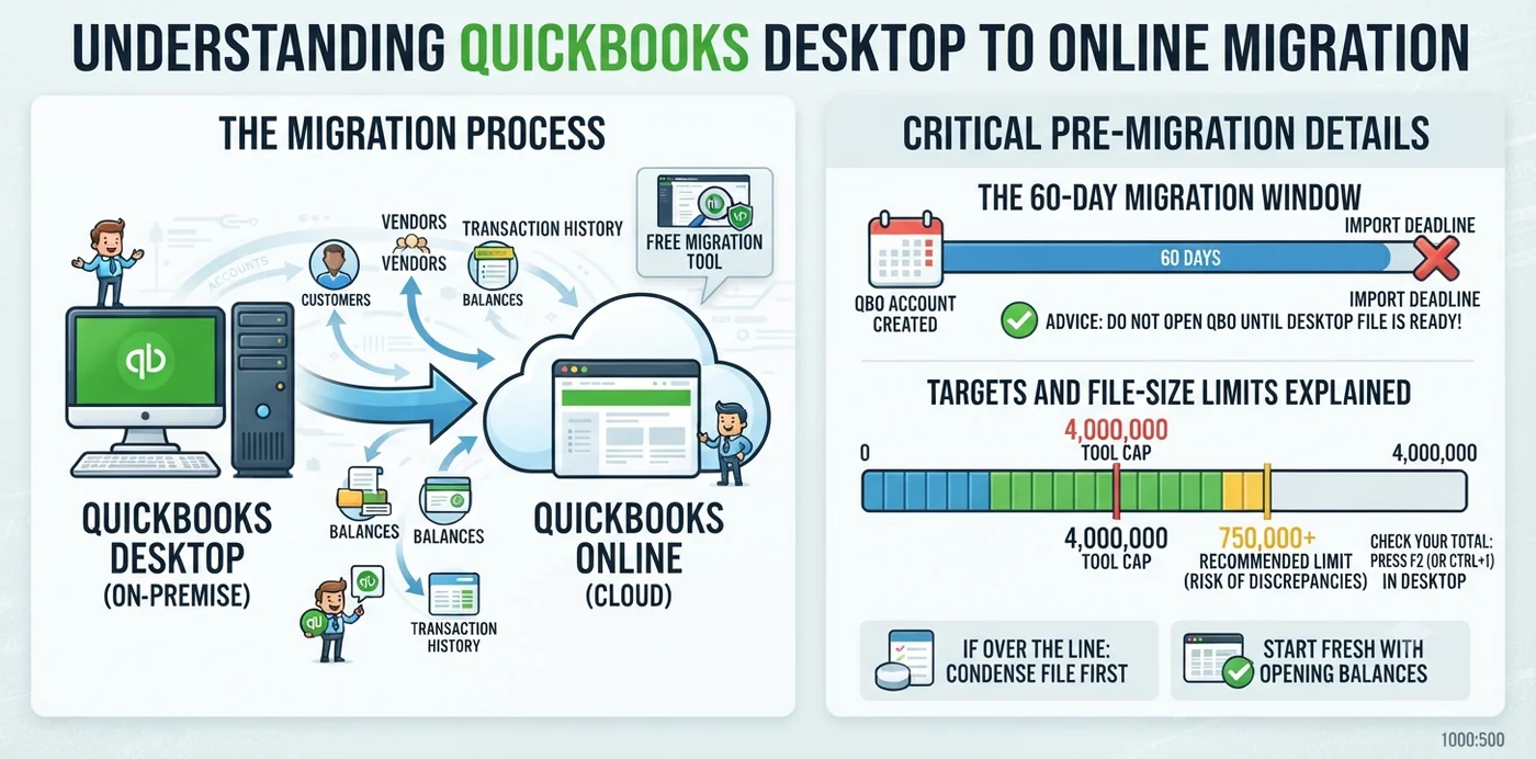 Understanding QuickBooks Desktop to Online migration: the migration process moving accounts, customers, vendors, balances and transaction history to the cloud, the 60-day import window, and the 750,000 / 4,000,000 target file-size limits.