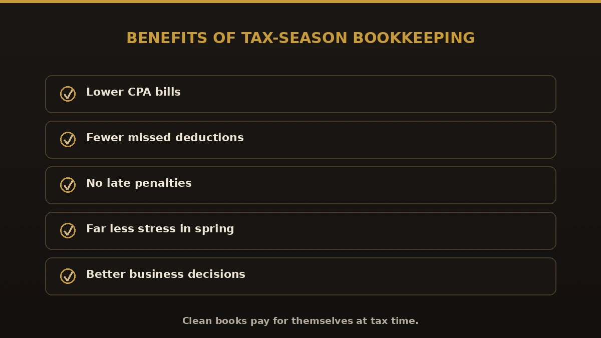 Benefits of tax-season bookkeeping in Erie County NY: lower CPA bills, fewer missed deductions, no penalties, less stress, better decisions