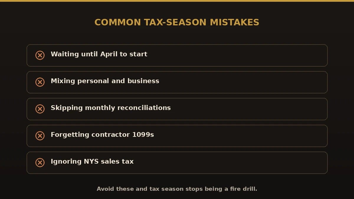 Common tax-season bookkeeping mistakes to avoid: waiting until April, mixing personal and business, skipping reconciliations, forgetting 1099s, ignoring NYS sales tax