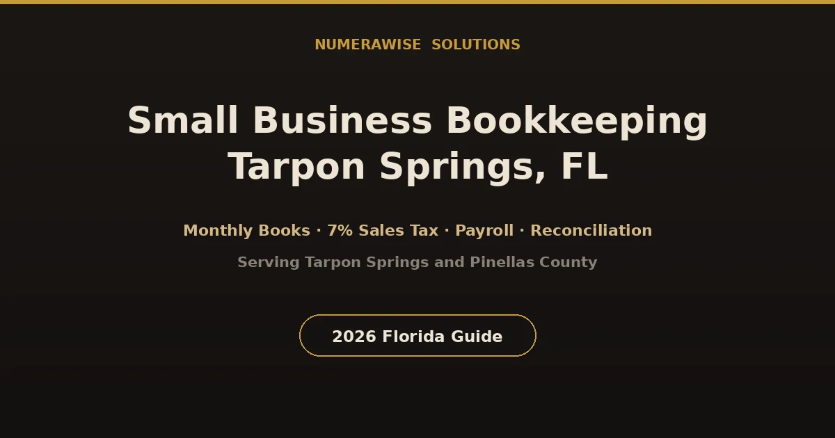 Small business bookkeeping service in Tarpon Springs, Florida covering monthly reconciliation, sales tax, and payroll for Pinellas County businesses.
