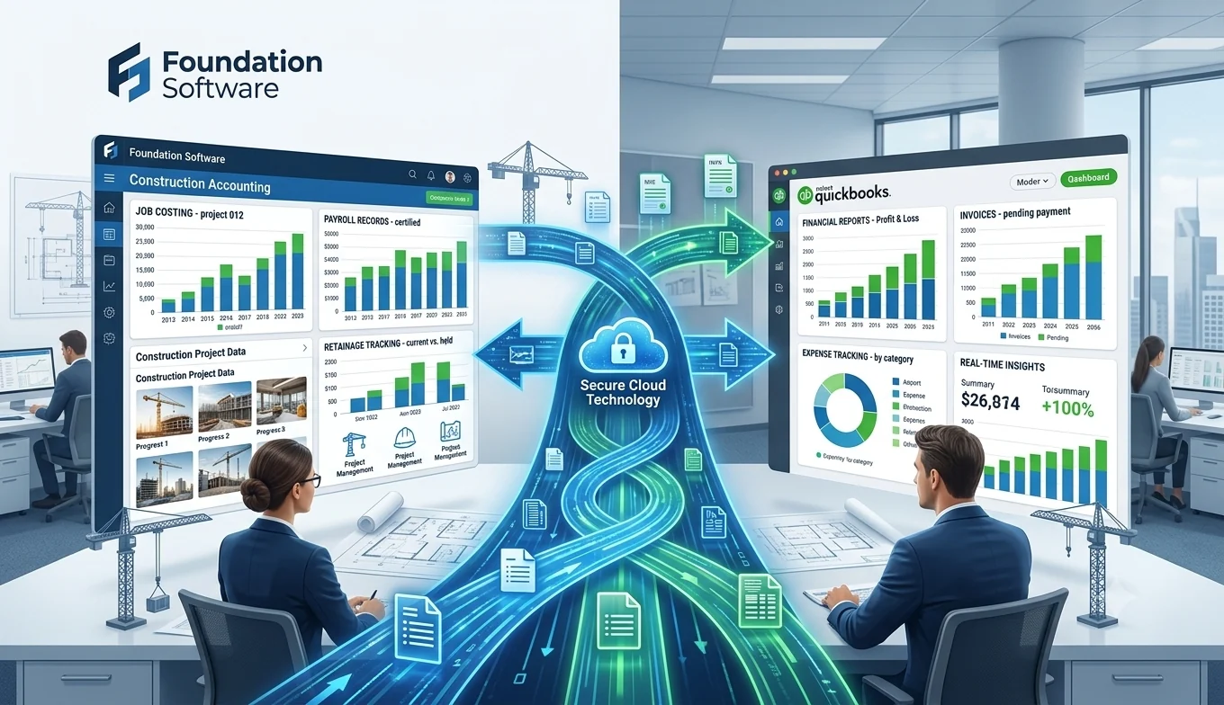 Foundation Software to QuickBooks conversion - secure cloud migration of job costing, payroll, retainage tracking, and financial reports from Foundation to QuickBooks