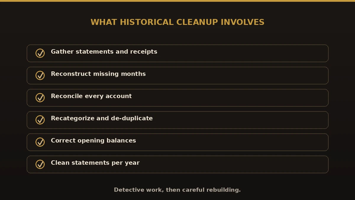 What historical bookkeeping cleanup involves: gathering statements, reconstructing missing months, reconciling accounts, recategorizing, correcting balances, clean statements per year