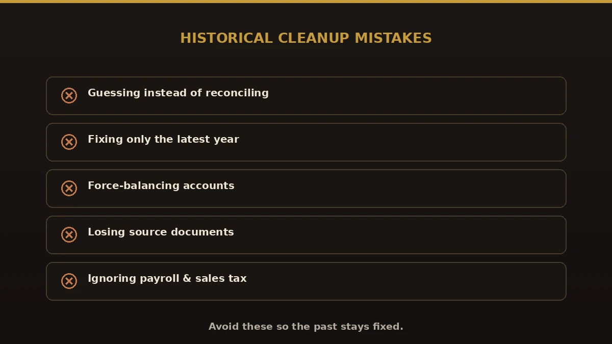 Common historical cleanup mistakes: guessing instead of reconciling, fixing only the latest year, force-balancing, losing documents, ignoring payroll and sales tax