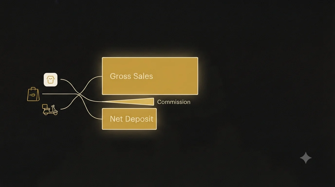 Delivery-app icons feeding into a large Gross Sales bar and a smaller Net Deposit bar, with a thin wedge labeled Commission between them - showing platforms deposit net of commission.