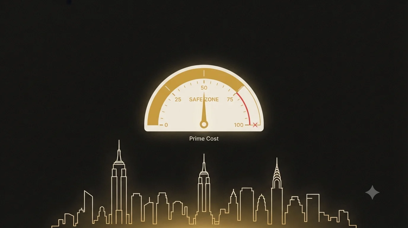 A gauge over a New York City skyline with the needle in the gold safe zone and a red danger arc past the high end, labeled Prime Cost - the combined food and labor cost a restaurant tracks weekly.