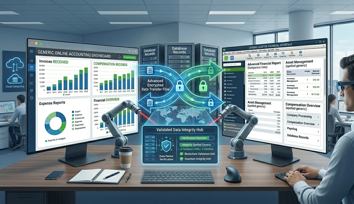 QuickBooks Online to Desktop migration - secure, validated data transfer from a cloud accounting dashboard to a QuickBooks Desktop financial interface