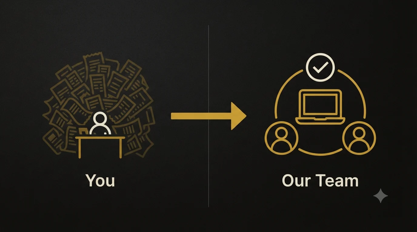 An owner buried under a stack of receipts on the left, a gold arrow, and a clean remote team around a laptop with a checkmark on the right - handing the books off to an outside team.
