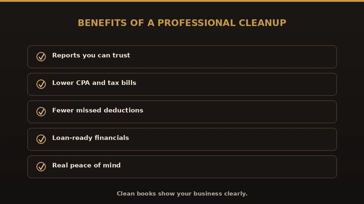 Benefits of a professional QuickBooks cleanup: trusted reports, lower CPA bills, fewer missed deductions, loan-ready financials, peace of mind