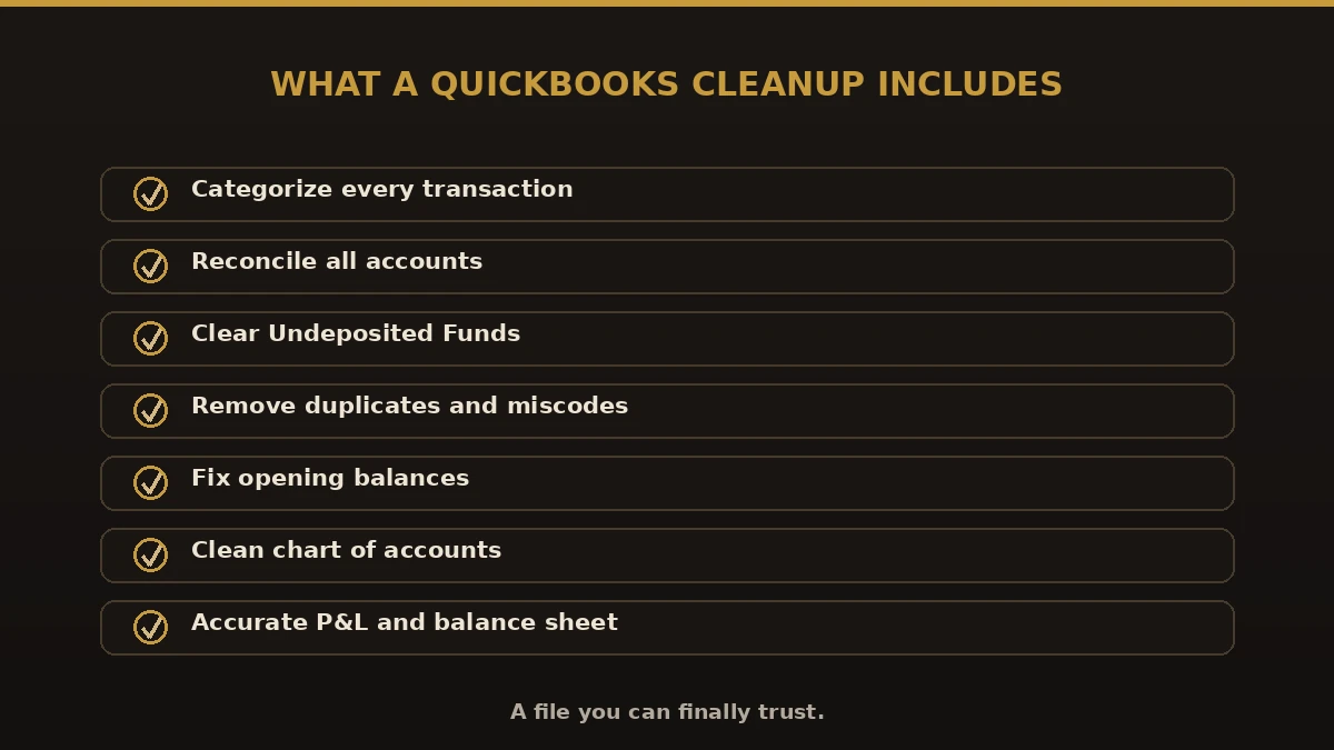 What a QuickBooks cleanup includes: categorizing transactions, reconciling accounts, clearing Undeposited Funds, removing duplicates, fixing opening balances, clean reports