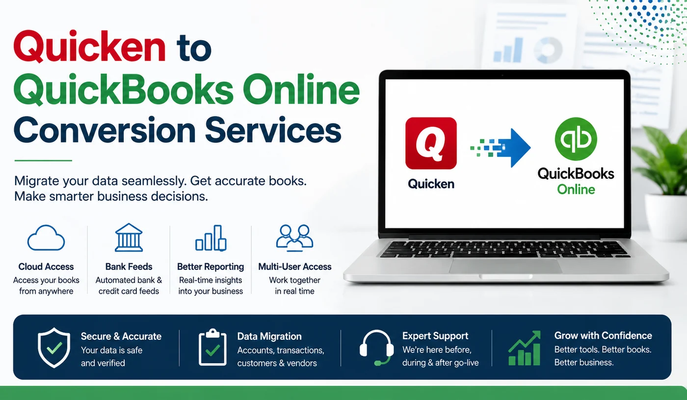 Quicken to QuickBooks Online conversion services - seamless data migration of accounts, transactions, customers, and vendors with cloud access and better reporting