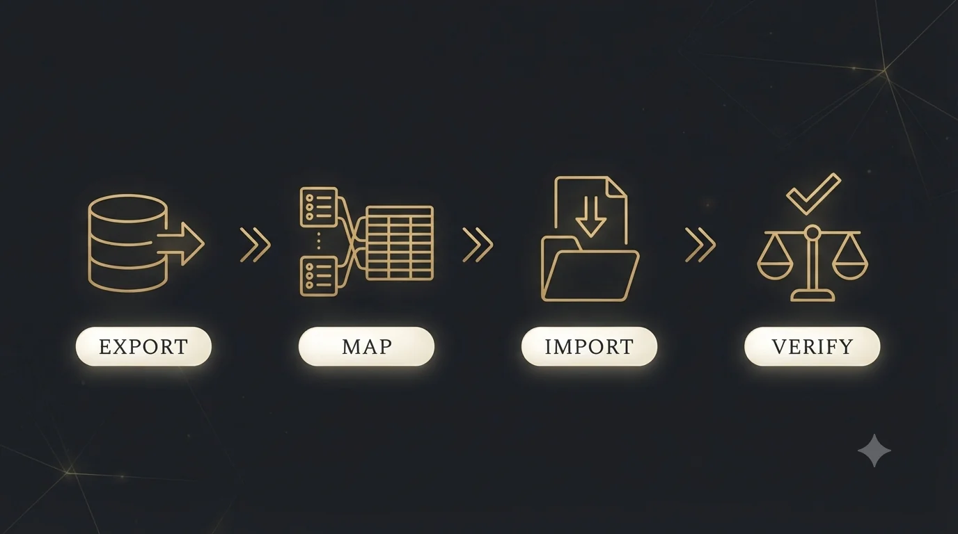 A four-stage gold pipeline showing the Reckon One to QuickBooks Enterprise migration method: Export (data out of the source), Map (lists and chart of accounts matched to Enterprise), Import (records loaded into the new file), and Verify (balances checked against a scale).