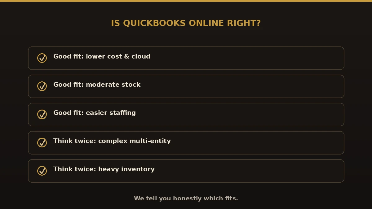Is QuickBooks Online right for you: good fit for lower cost, cloud, moderate stock; think twice for complex multi-entity or heavy inventory
