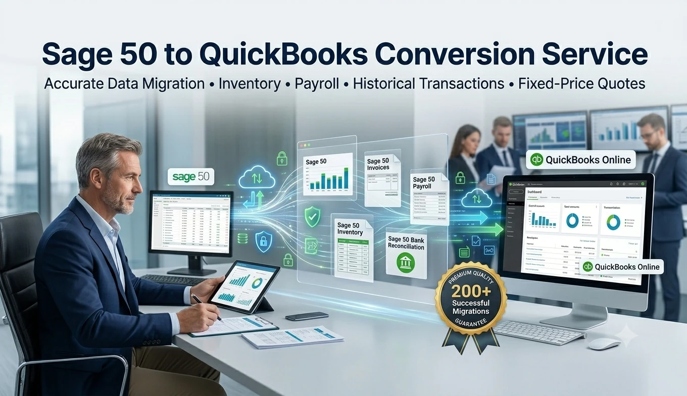 Sage 50 to QuickBooks Conversion Service - accurate data migration of inventory, payroll, and historical transactions with fixed-price quotes and 200+ successful migrations