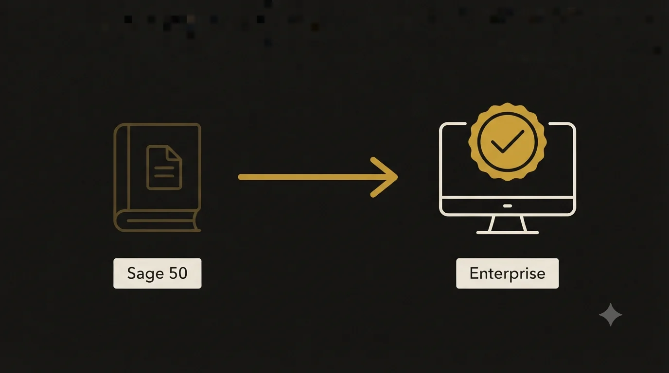 A Sage 50 company-file icon with a gold arrow pointing to a desktop monitor with a checkmark badge - moving from Sage 50 to QuickBooks Desktop Enterprise.
