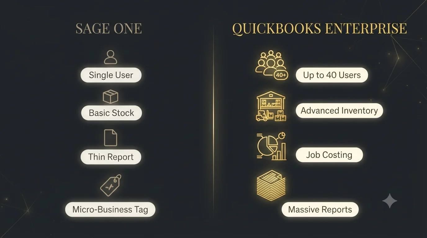 A side-by-side comparison in gold icons: Sage One (single user, basic stock, thin report, micro-business) versus QuickBooks Enterprise (up to 40 users, advanced inventory, job costing, and 200-plus reports).