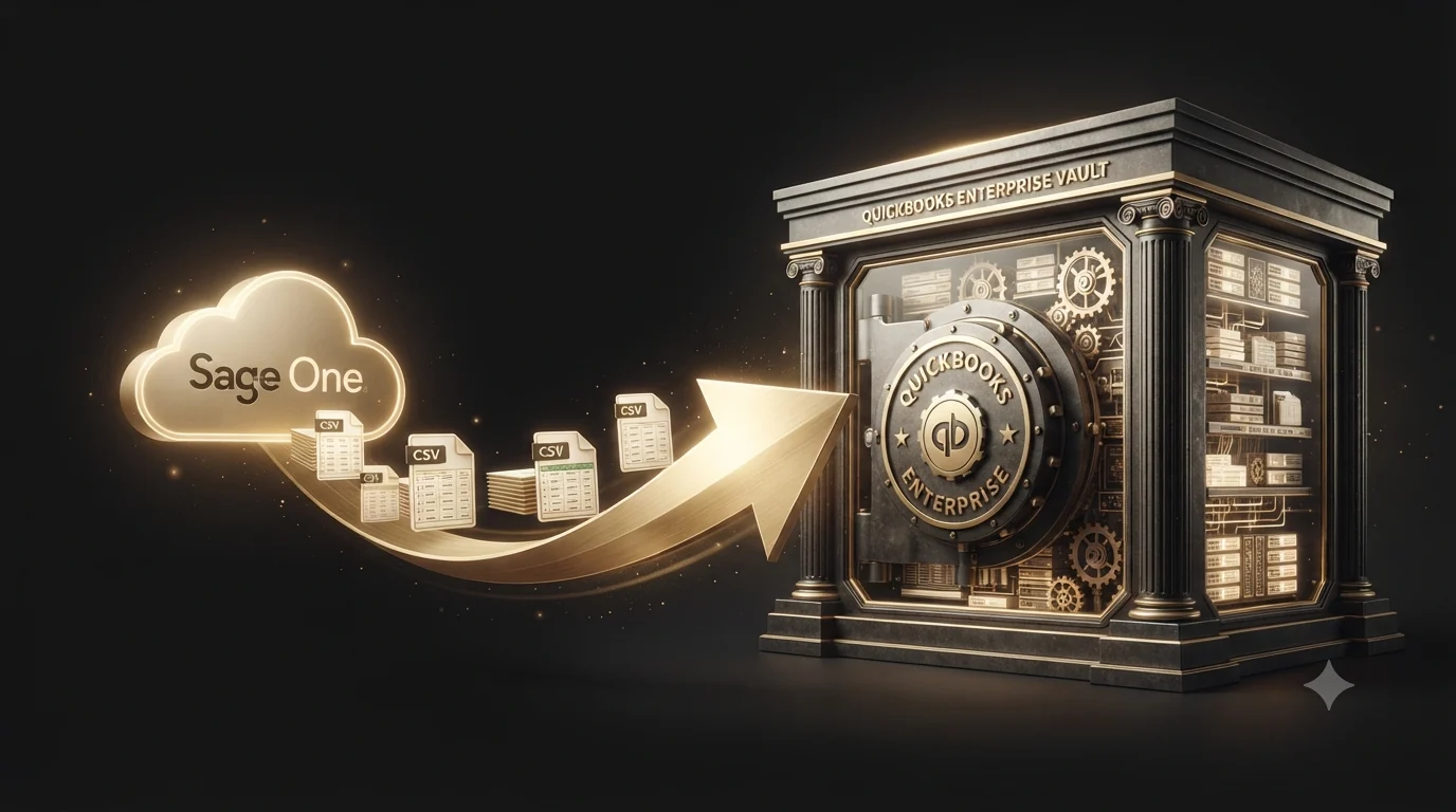 A glowing gold Sage One cloud emitting CSV/spreadsheet files that travel along a gold arrow into a solid, gear-detailed QuickBooks Enterprise vault - illustrating that Sage One data exports as CSV files and is rebuilt inside a robust desktop system.