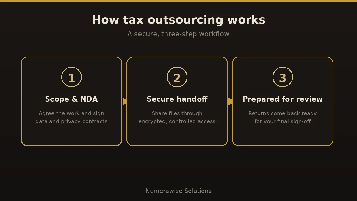 How tax outsourcing works in three steps: scope and NDA, secure handoff, and returns prepared for your review.