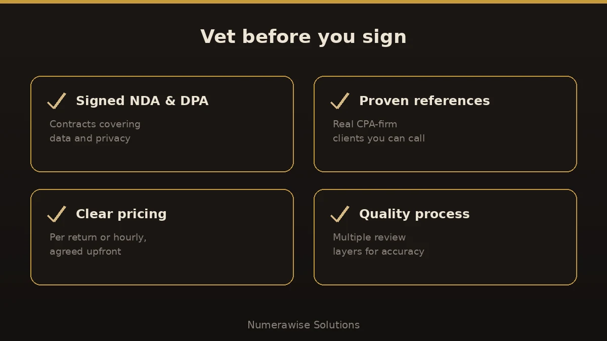 Vet before you sign: a signed NDA and DPA, proven references, clear pricing, and a real quality process.