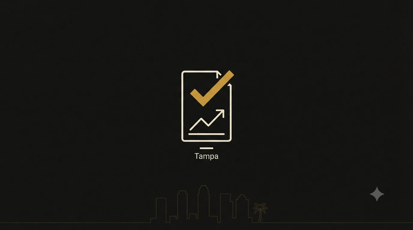 A clean report with a gold checkmark and an upward trend line over a Tampa skyline - QuickBooks set up to give a Tampa business numbers it can trust.