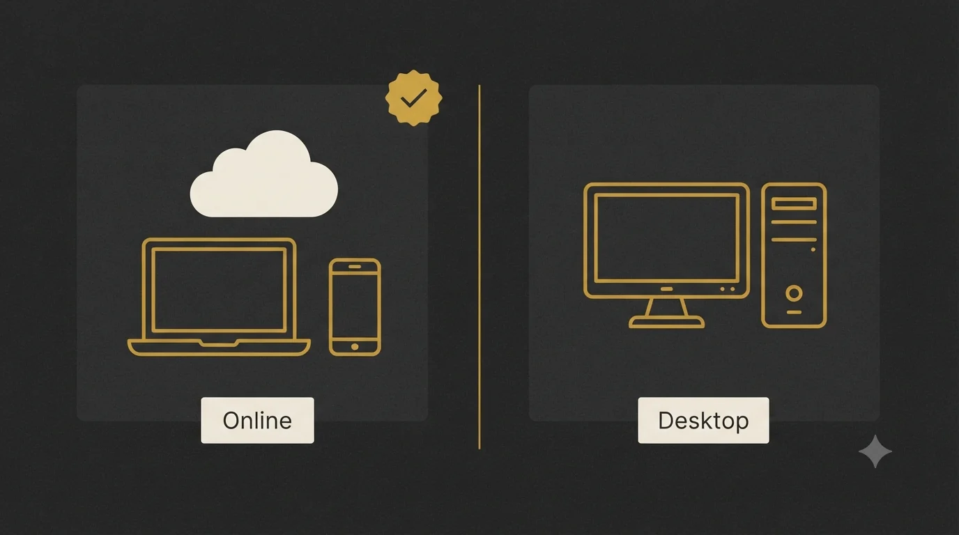 Two panels - a cloud over a laptop and phone marked Online with a gold check badge, and a monitor and tower marked Desktop - comparing QuickBooks Online and Desktop.