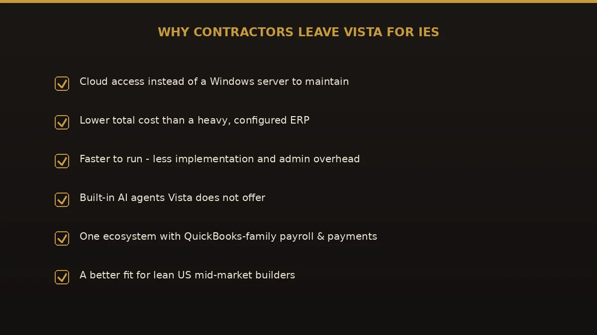 Reasons contractors move from Viewpoint Vista to Intuit Enterprise Suite: cloud access, lower cost, faster to run, and built-in AI.